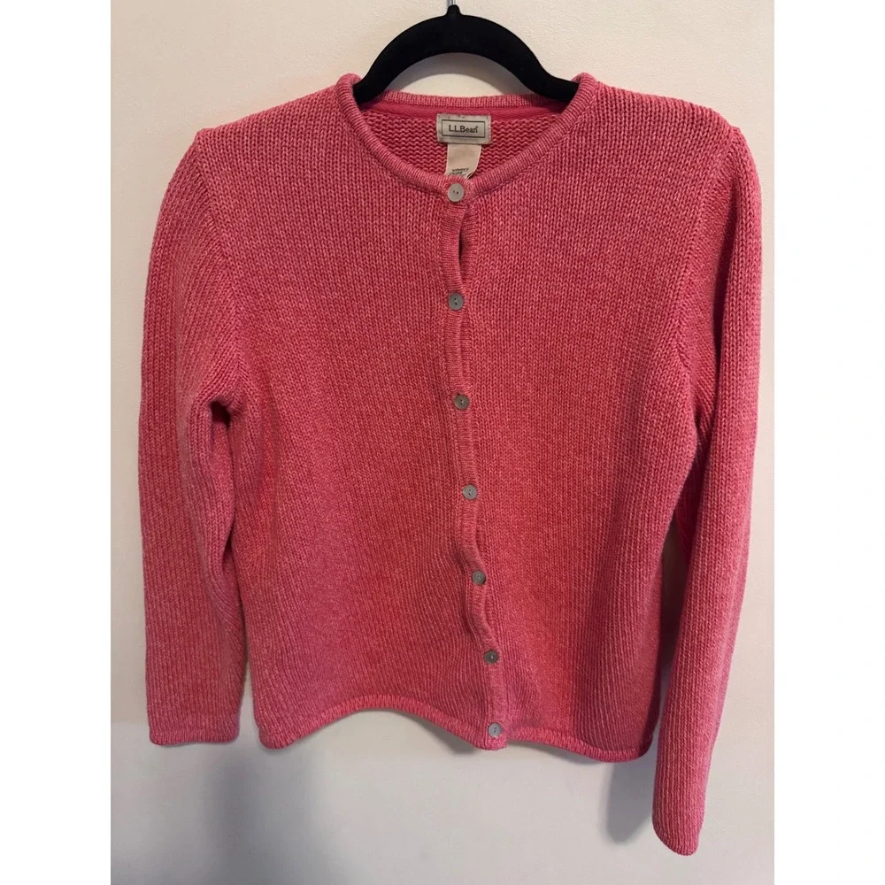 L.L.Bean Women M Pink Cozy Cotton Cardigan Durable Craftsmanship Button Front